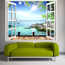 新款墙贴假窗户山水海滩沙滩餐厅客厅沙发装饰背景墙画贴纸玻璃膜