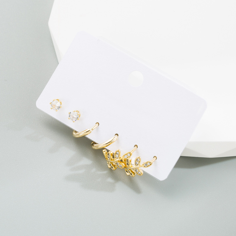 Fashion C Shape Leaf Copper Inlay Zircon Hoop Earrings 6 Pieces