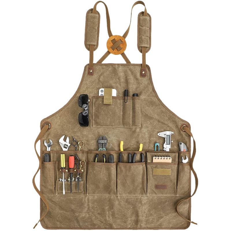 Delantal de lona gruesa transfronterizo con logotipo personalizado, ropa de trabajo de carpintería hecha a mano, pantalones con bolsillo con solapa estéreo de doble capa, delantal de herramientas al por mayor
