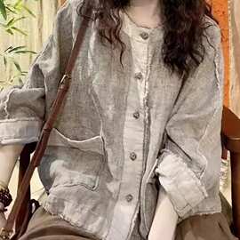棉麻上衣女高端亚麻长袖春夏新款复古做旧衬衫女士民族风外套