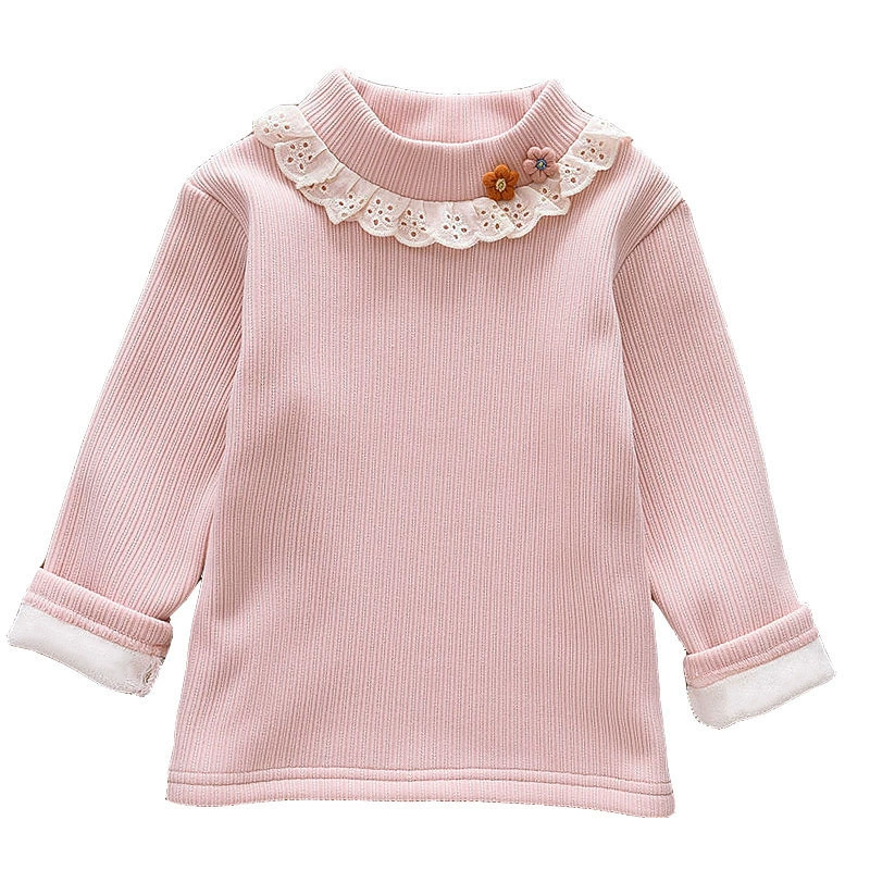 Winter base body-friendly children's fleece velvet thermal underwear, knitted T-shirt, high collar