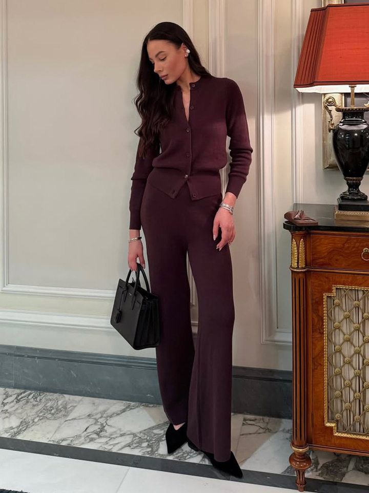 Bộ len dệt kim nữ áo cardigan tay dài quần dài màu trơn — Màu nâu, màu xám, mơ chi tiết 61