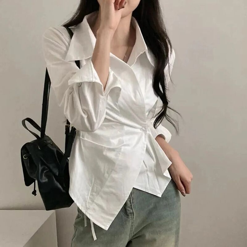 Irregular Design Waist Slimming Look Stripesd Long-Sleeved Shirt for Women 2025 New Spring Elegant Lapel Shirt Trend Irregular Design Waist Slimming Look Stripesd Long-Sleeved Shirt for Women 2025 New Spring Elegant Lapel Shirt Trend
