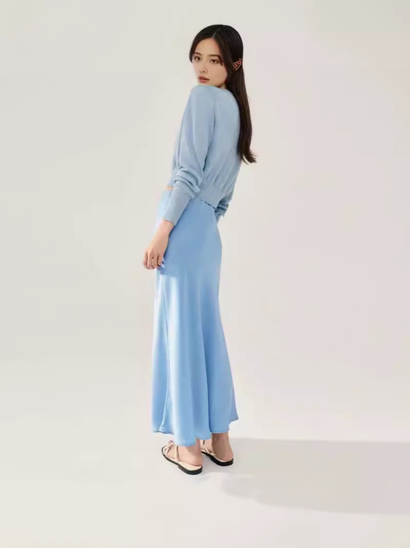 Elastic Waist Heavy Acetate A-Line Skirt, Bias-Cut Floor-Length Skirt, High-Waisted Ankle-Length Skirt, Fishtail Skirt