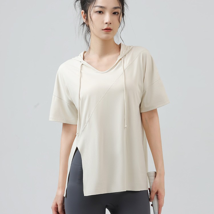 New Yoga Clothes Top Short-sleeved Loose Breathable Sports Blouse Women's Butt-covering Summer Outdoor Hooded Fitness Clothes