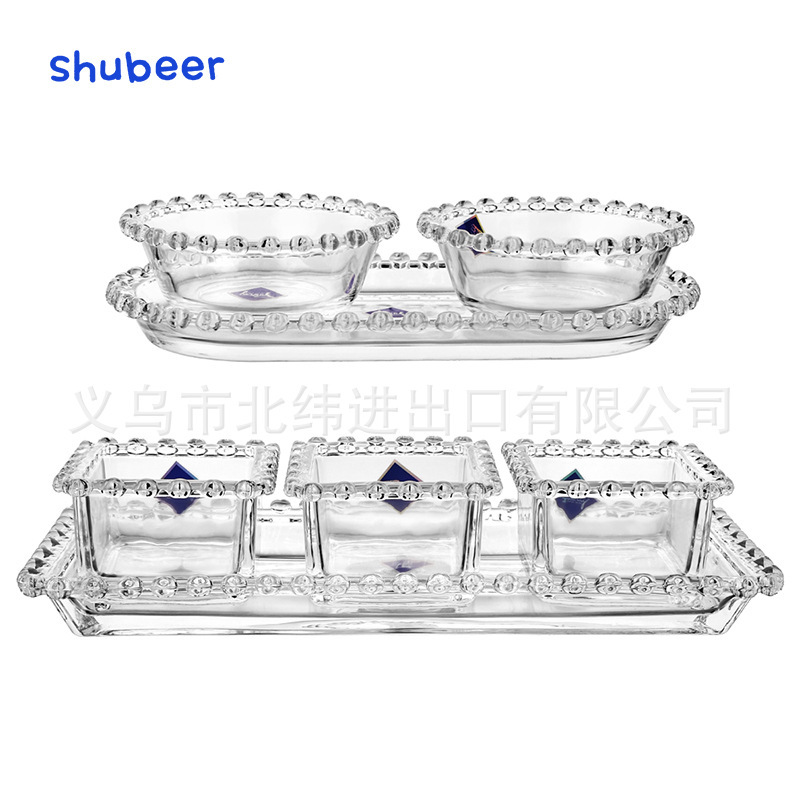 Japanese Style Beaded Dot Love Square Glass Bowl Set Ins Style Dessert Bowl Salad Bowl with Tray Dried Fruit Split Bowl