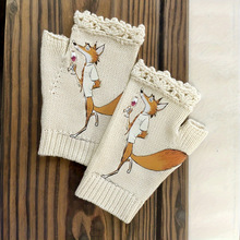 L 71320 Fox print fingerless knit gloves ����ӡ��¶ָ��֯��