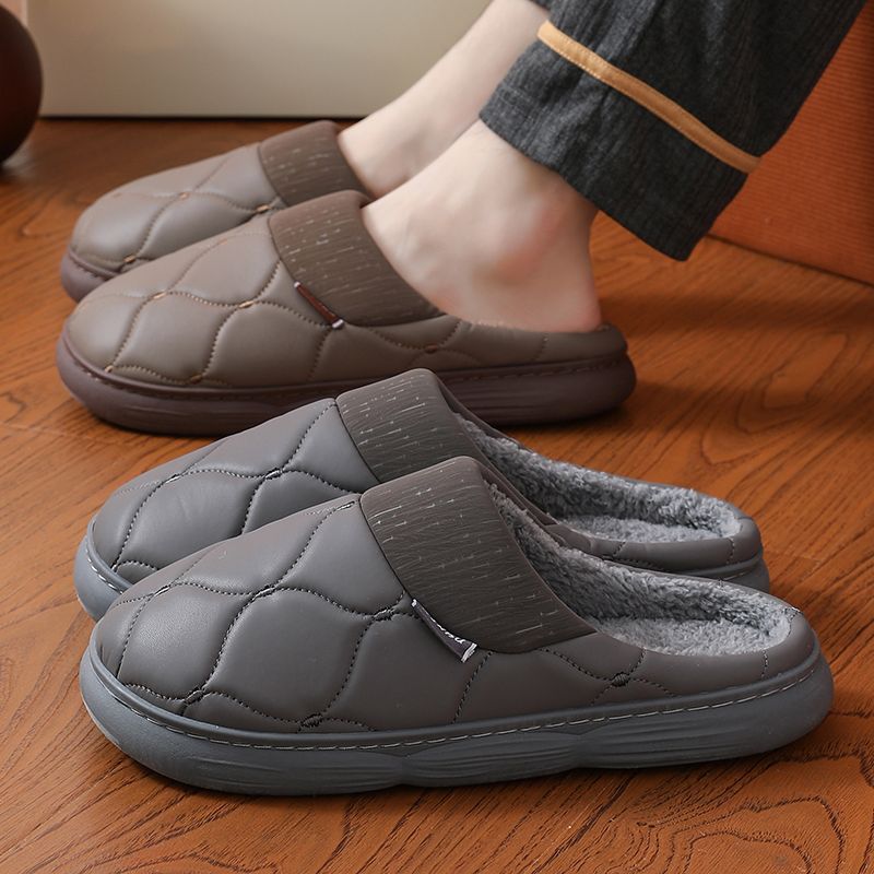秋冬季棉拖鞋特大防水防滑男士居家室内家居柔软皮保暖中老年加厚
