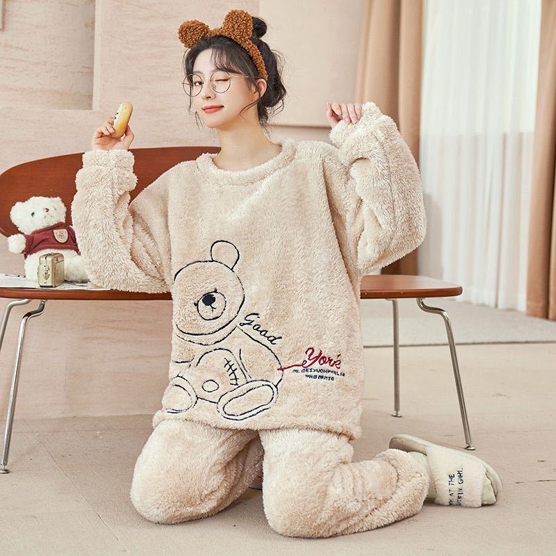 Franela al por mayor transfronteriza otoño invierno engrosado dulces dibujos animados sueltos chaqueta casual de coral pijama ropa doméstica de mujer