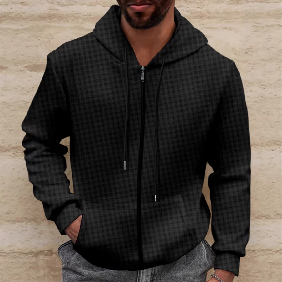 Men's Waffle Knit Solid Color Hooded Jacket Long Sleeved Zip Up Pocket For Spring And Autumn_voghion.com