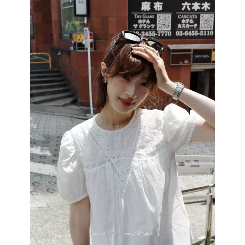 26 New Summer Style Japanese Style 100 Cotton Lace Embroidered Blouse French Style Breathable Loose Puff Sleeve Shirt Women's Shirt