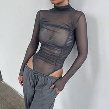 长袖连体衣女性感辣妹网纱透视感时髦打底高腰修身型褶皱连体上衣