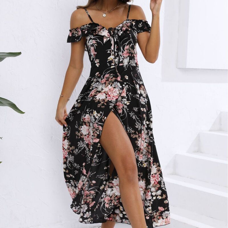 Amazon Cross-Border Floral Print Women's Off-Shoulder Front Tie Wrap Dress Elegant European and American Style