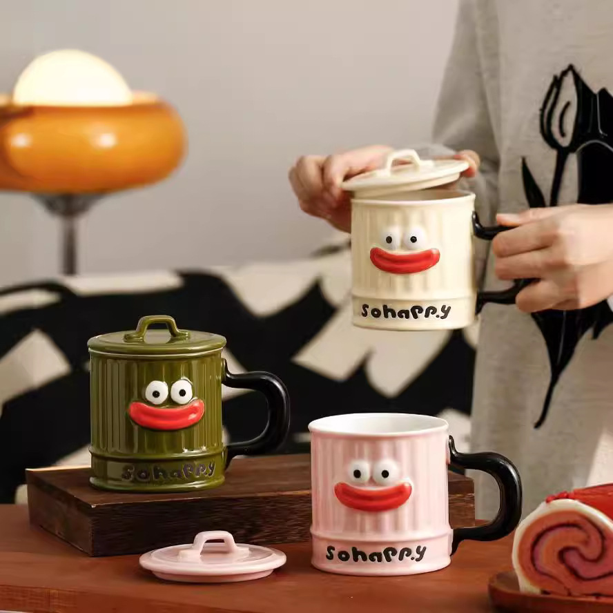 Personalidad creativa, bonita, boca grande, taza de cerámica, taza de cerámica con tapa, taza de basura, taza de agua, taza de café extraña, taza de oficina
