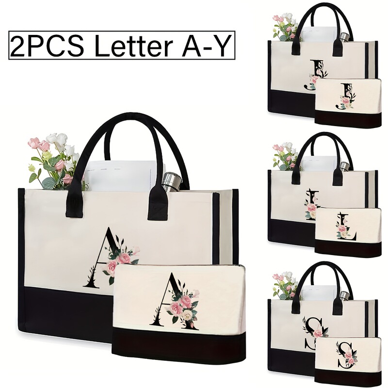 Cross-Border Temu Hot-Selling Personalized Letter Floral Canvas Tote Bag Women's Handbag and Makeup Bag Set of Two