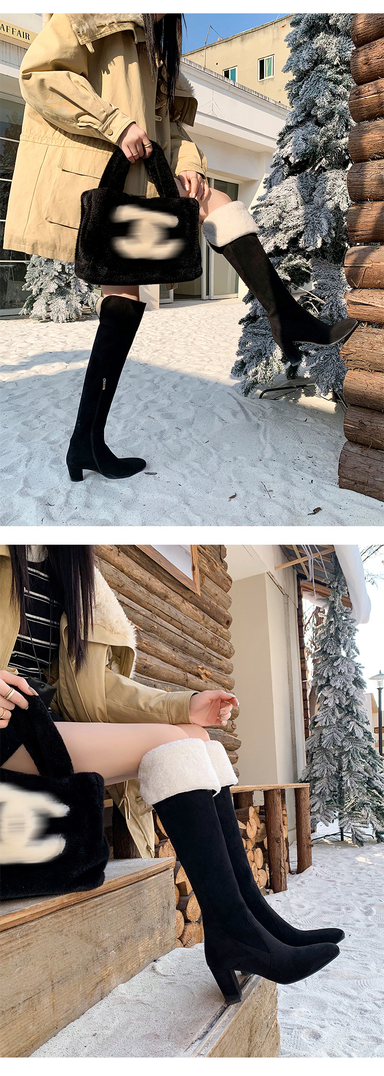 Boot nữ cổ cao ôm bắp chân lông cừu ấm, gót thô 5 cm, phong cách cưỡi ngựa — màu đen chi tiết 14