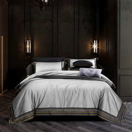 欧式酒店风120S埃及长绒棉四件套简约素色轻奢五星级全棉床上用品