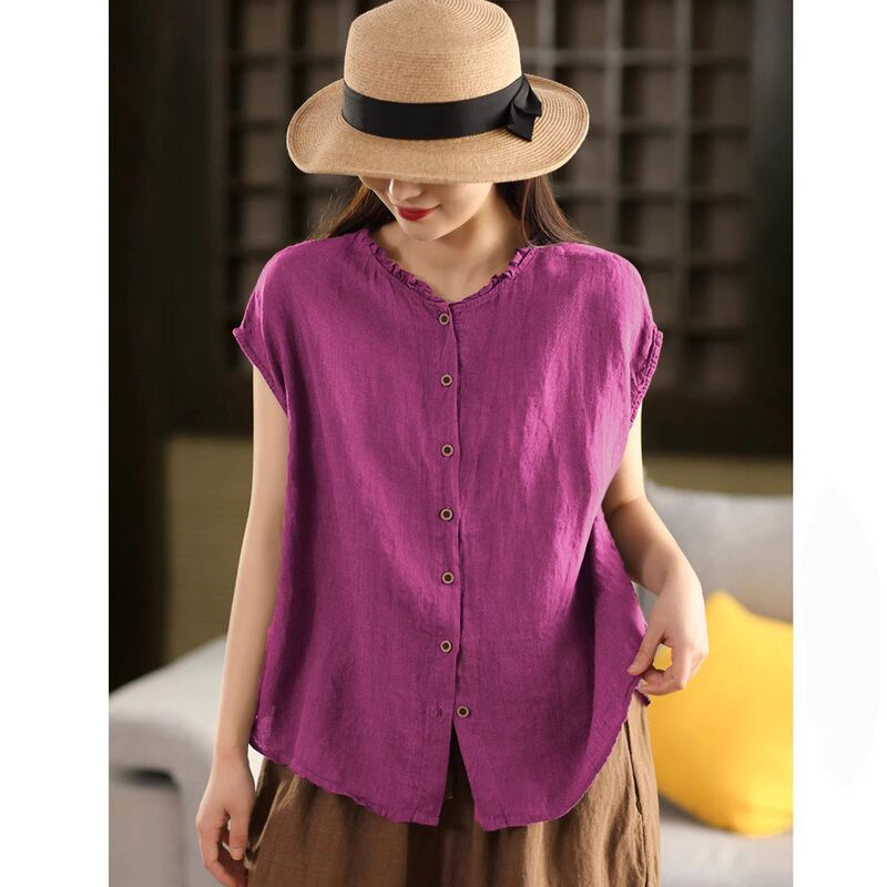 Spring and Summer Plus-Size Loose-Fitting Casual Artistic Retro Cotton-Linen Sleeveless Shirt Slimming Cardigan Lace Collar Top