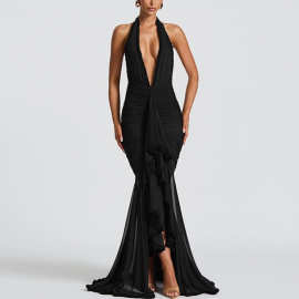 2025独立站欧美新款网纱拼接气质礼服领挂脖露背包臀长裙连衣裙