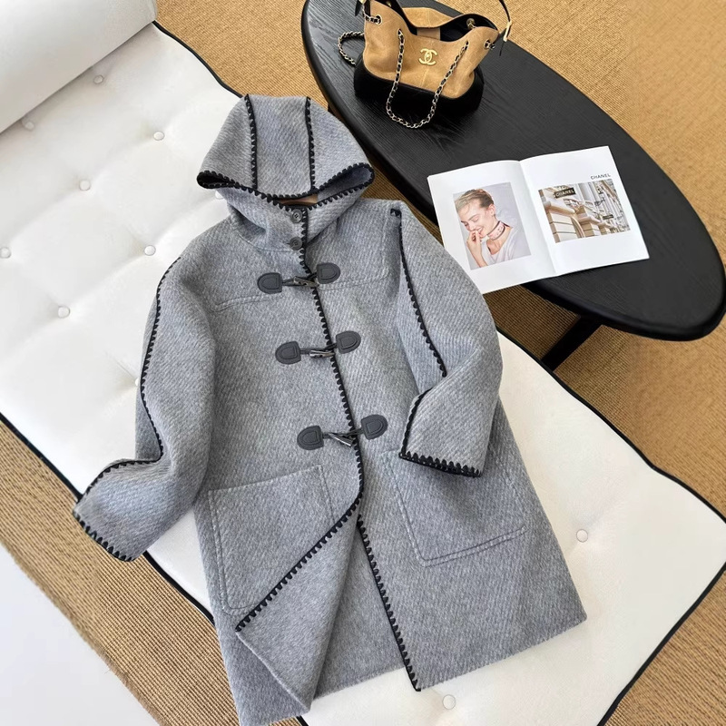 Cabinet 3490+! 82% Wool and Alpaca Blend Shell Embroidery Horn Button Hooded Woolen Coat for Women Winter
