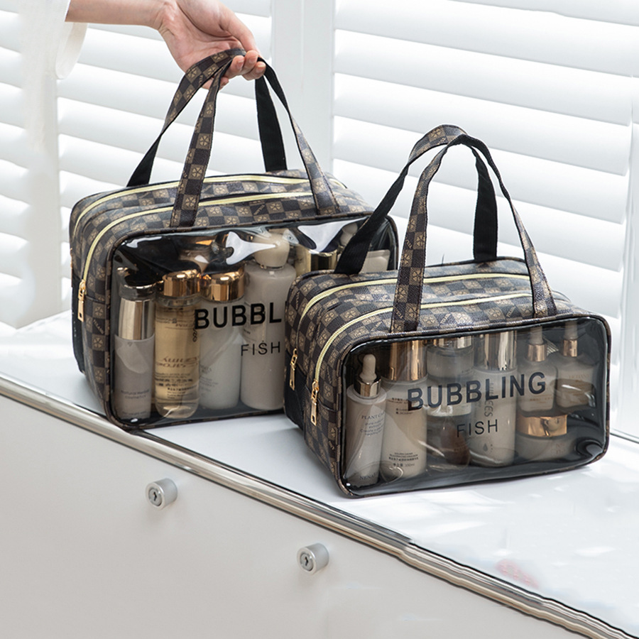 方格PU大容量游泳包幹濕分離洗漱收納包旅行便攜化妝包防水沙灘包