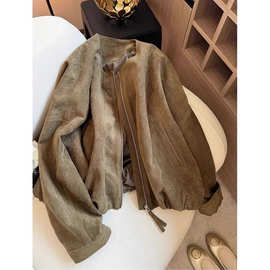 老钱风复古麂皮绒拉链短外套女2025秋季新款宽松气质甜酷圆领夹克