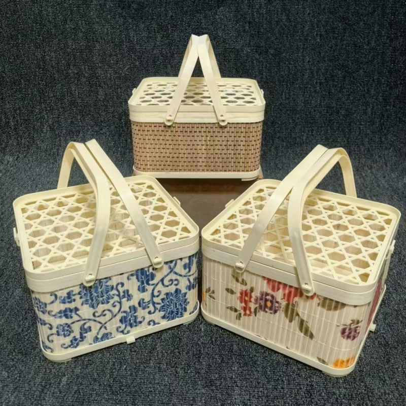 Портативная квадратная пластиковая корзина из искусственного бамбука с крышкой, корзина для ягод, корзина для фруктов, подарочная коробка, местные яйца и клубника