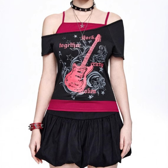 跨境INS潮欧美跨境夏季新款时尚哥特式图案女士短袖T恤套装y2k