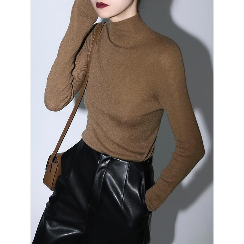 Maillard Brown Turtleneck Knitted Bottoming Shirt for Women in Autumn and Winter, Soft Waxy Sweater, High-End Inner Wear, Slim Long-Sleeved Top