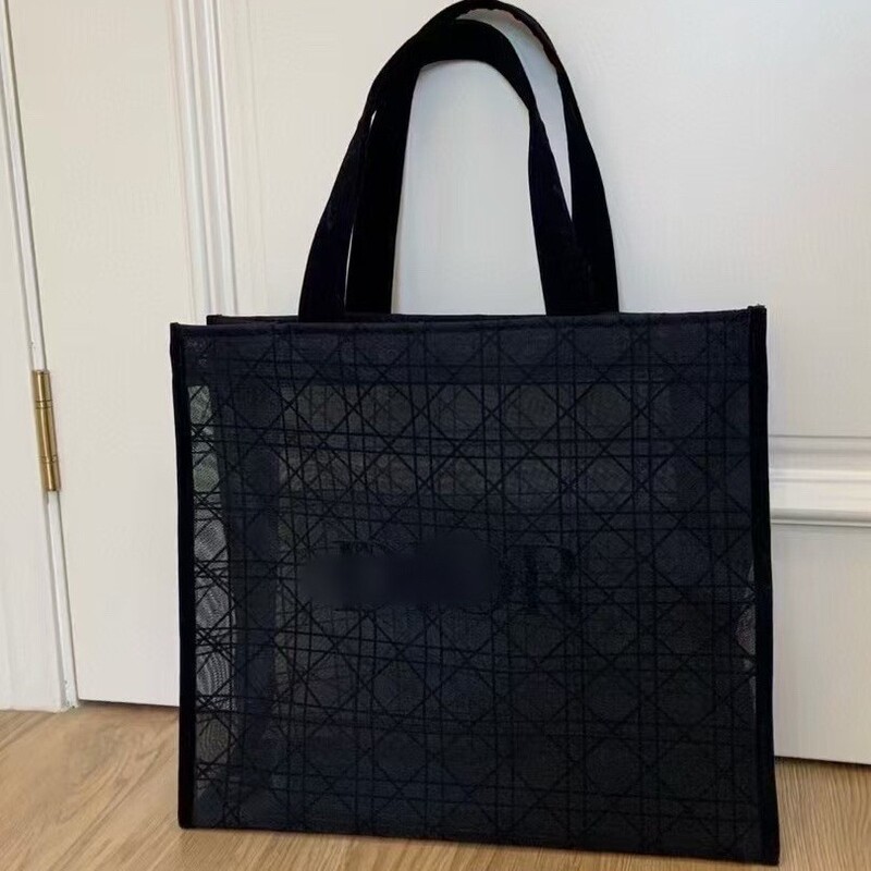 Cross-Border Hot-Selling D Brand Black Plaid Lace Mesh Tote Bag, Open-Top Large Capacity Women's Shoulder Bag, Beach Bag