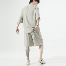2023夏季中国风男装亚麻套装T恤两件套男韩版纯色棉麻休闲套装