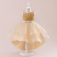 欧美新款儿童亮片公主裙女童拖尾裙蓬蓬纱连衣裙婚纱裙演出表演裙
