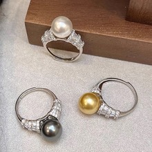 S925纯银施家水晶珍珠戒指锆石满钻韩国珍珠指环跨境韩版戒指