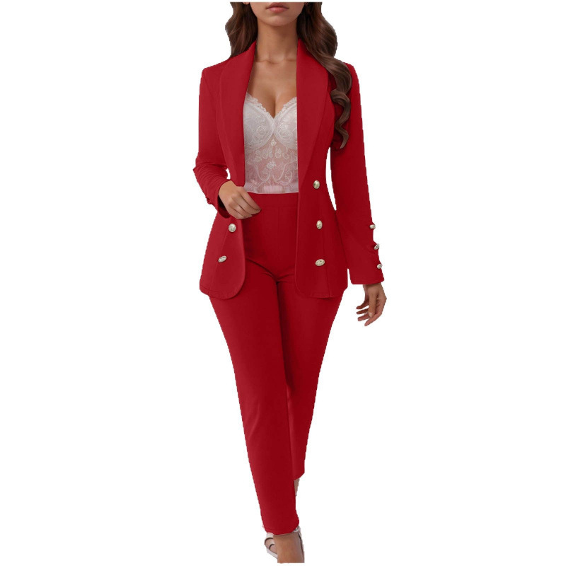 Women's Button-Up Blazer Set – Slim Fit Notch Lapel Suit Jacket & Pants (S-3XL, Poly-Spandex, Wrinkle-Free Office Wear)_ecoleips.com