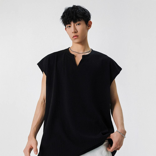 Texture V-neck Men's Summer 2025 Quick-dry Outerwear Sport Kimono Youth Wide Shoulder Sleeveless T-shirt