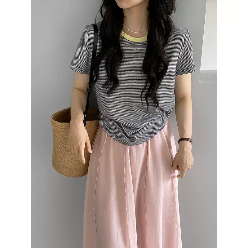 江左 ~韩系刺绣撞色正肩T恤女条纹小个子短袖T恤上衣夏季女装6268