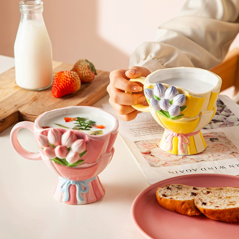 Ceramic Tulip Bouquet Mug, 301–400 ml, 3D Hand-Painted Floral Design
