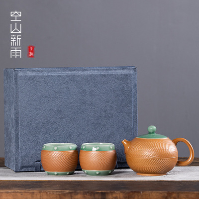 空山新雨 龙泉青瓷手工跳刀一壶四杯 陶瓷功夫茶具泡茶壶茶杯