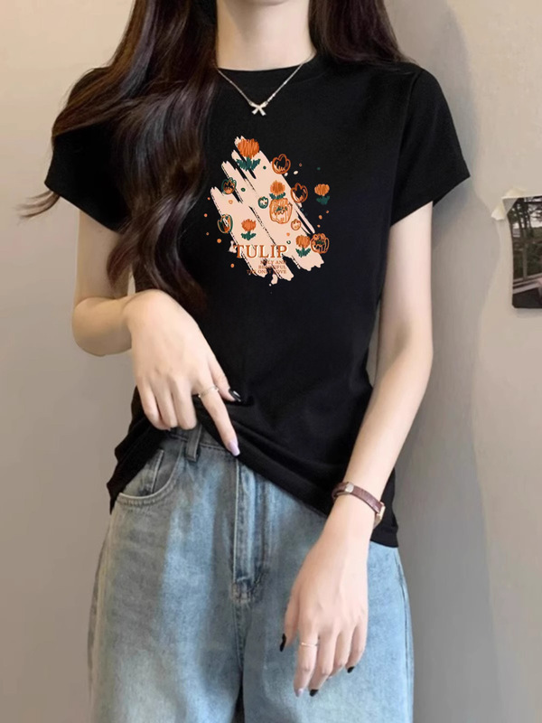 デザインニッチな右肩ピュアコットン半袖Tシャツレディース夏新作プリントスリムラウンドネックグレートップトレンディ|undefined