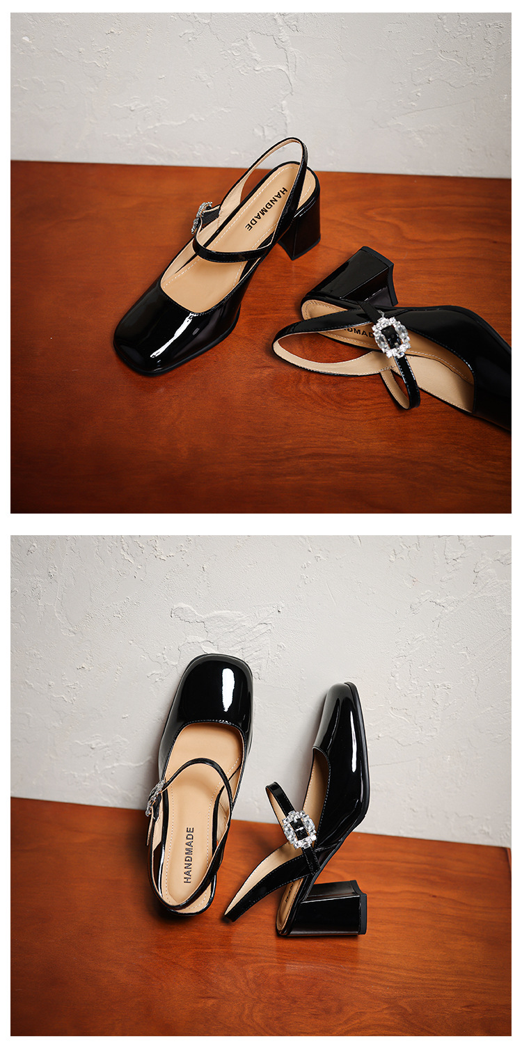 Giày sandal cao gót nữ quai ngang mũi tròn bít, gót 7 cm, phong cách Mary Jane — màu đen, Rượu vang đỏ, màu mơ, bạc chi tiết 15