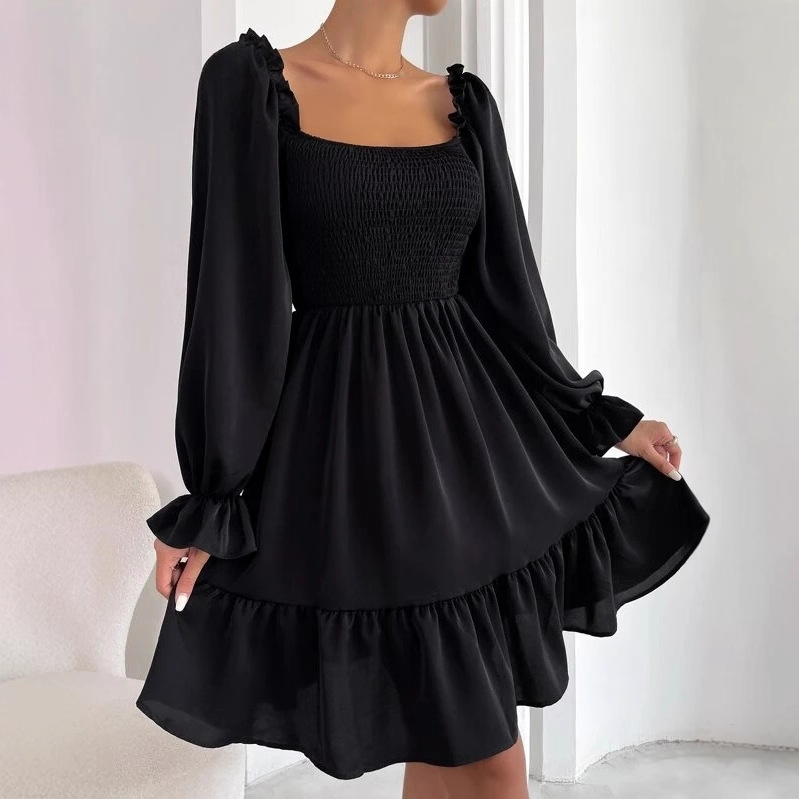 2025Temu European and American French Simple Square Neck Parallel Crepe Bodice Ruffled Hem Dress