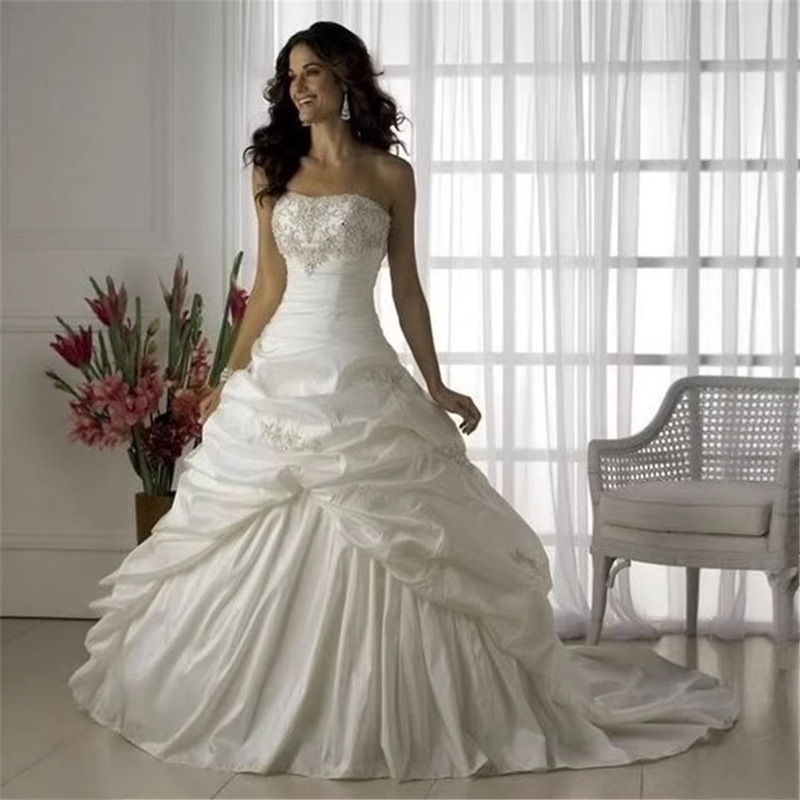 2022 White Ivory Taffeta Wedding Dress Embroidered Trailing Bridal Wedding Dress Back Strap Perennial Available