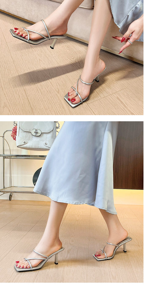 Sandal cao gót nữ mũi vuông hở mũi quai chéo in họa tiết da báo — Màu bạc, Màu da báo, Màu trắng be chi tiết 13