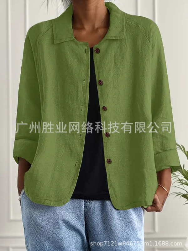 欧美跨境外贸棉麻衬衫女春夏新款百搭上衣衬衣领休闲显瘦开衫外套|undefined