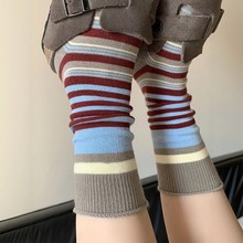 春秋新款撞色条纹堆堆袜女日系学院风约百搭中筒袜简森系复古棉袜