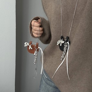 Niche Design Sense Leather Small Bag Pearl Bow Long Sweater Chain Sweet Cool Personality Ins Bag Hanging Accessories for Women