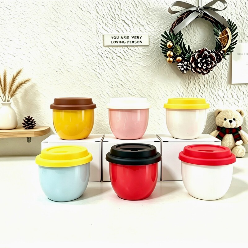 Cream-style handheld egg cup with creative silicone lid, compact and exquisite ceramic mug, customizable with logo