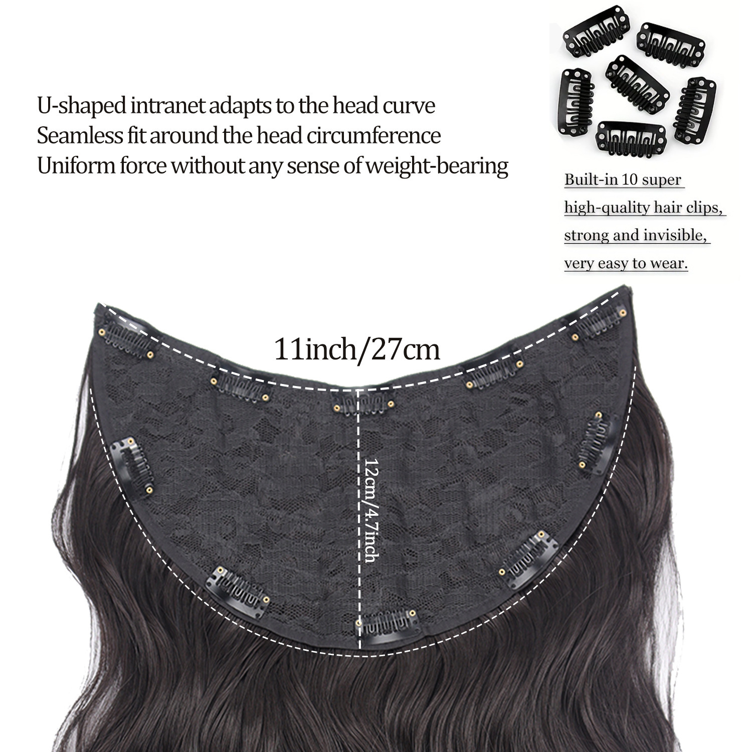 Peruca de cabello rizado en forma de U flácida, aumento de cabello, peruca de cabello simulada de una pieza, cabello largo femenino, cabello invisible sin huellas.