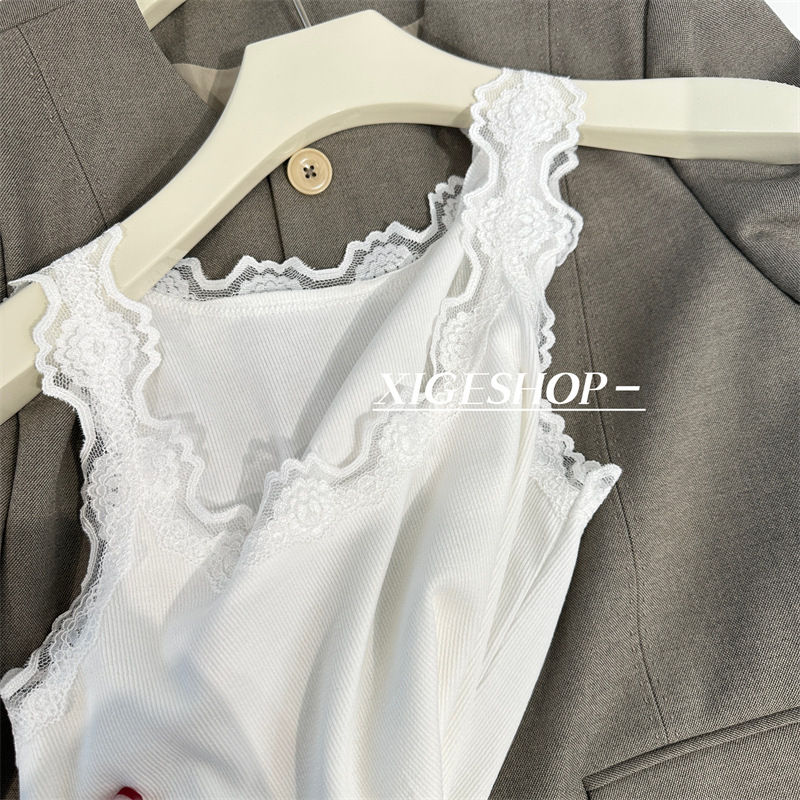 Lace Stitching Camisole Women's Large Elastic Slim-fit Slim-fit Slimming Breast-covering Sleeveless Inner T-shirt Base Shirt Black and White