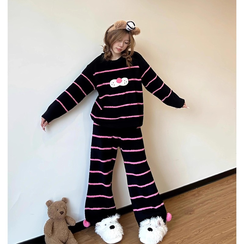 可爱酷猫半边绒睡衣女款2025新款冬季加绒加厚毛绒针织家居服套装|undefined